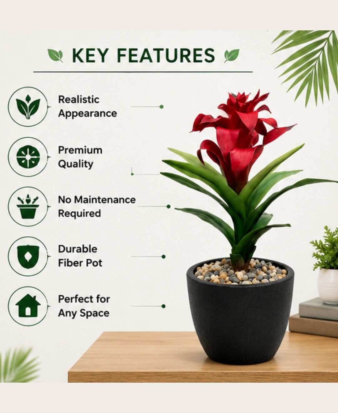 Medium Artificial Red Green Bromeliad Without Pot
