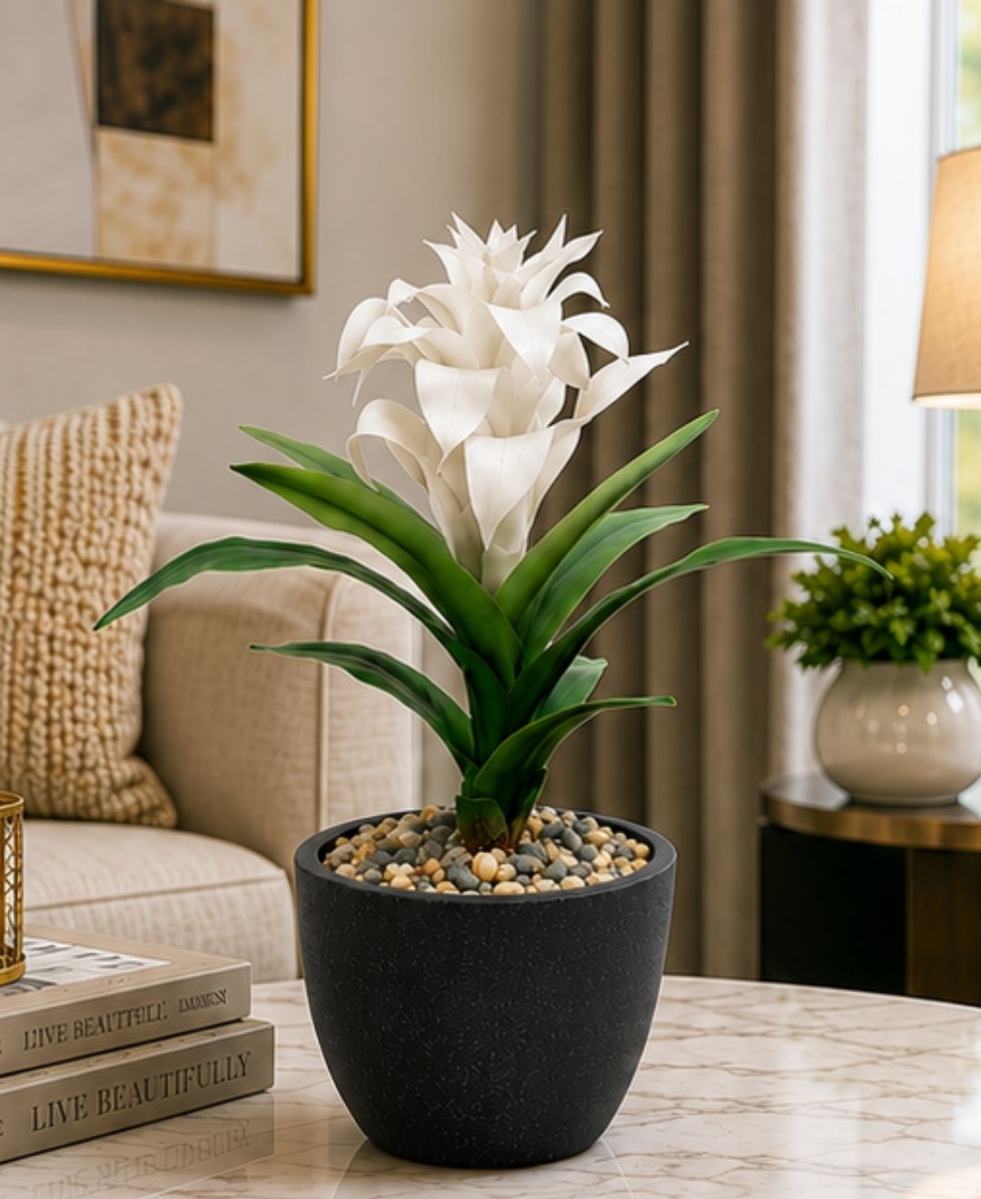 Medium Artificial White Green Bromeliad Without Pot
