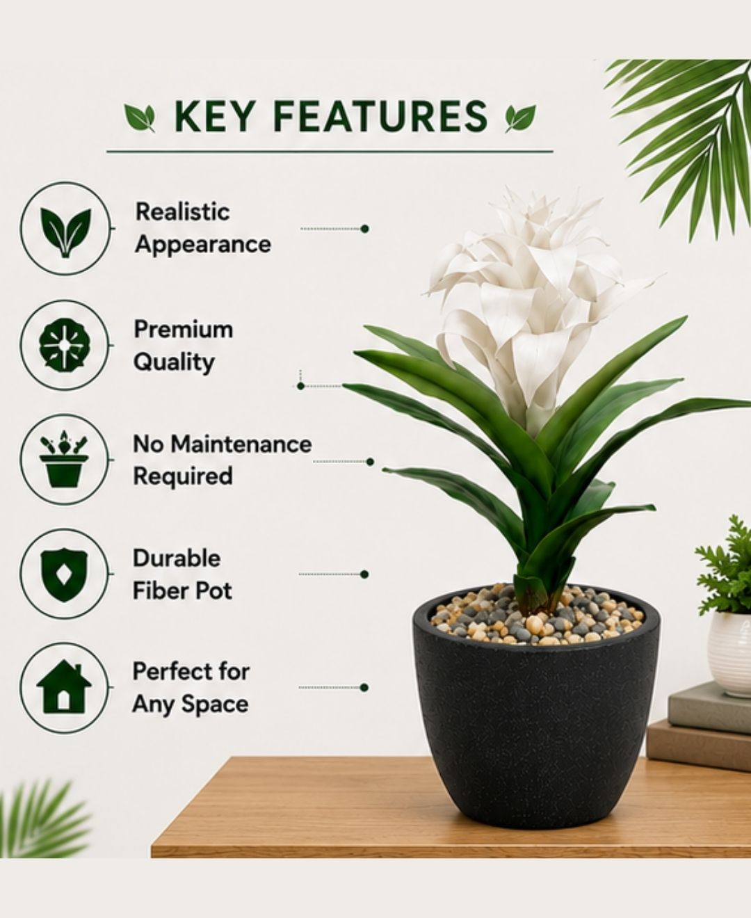 Medium Artificial White Green Bromeliad Without Pot