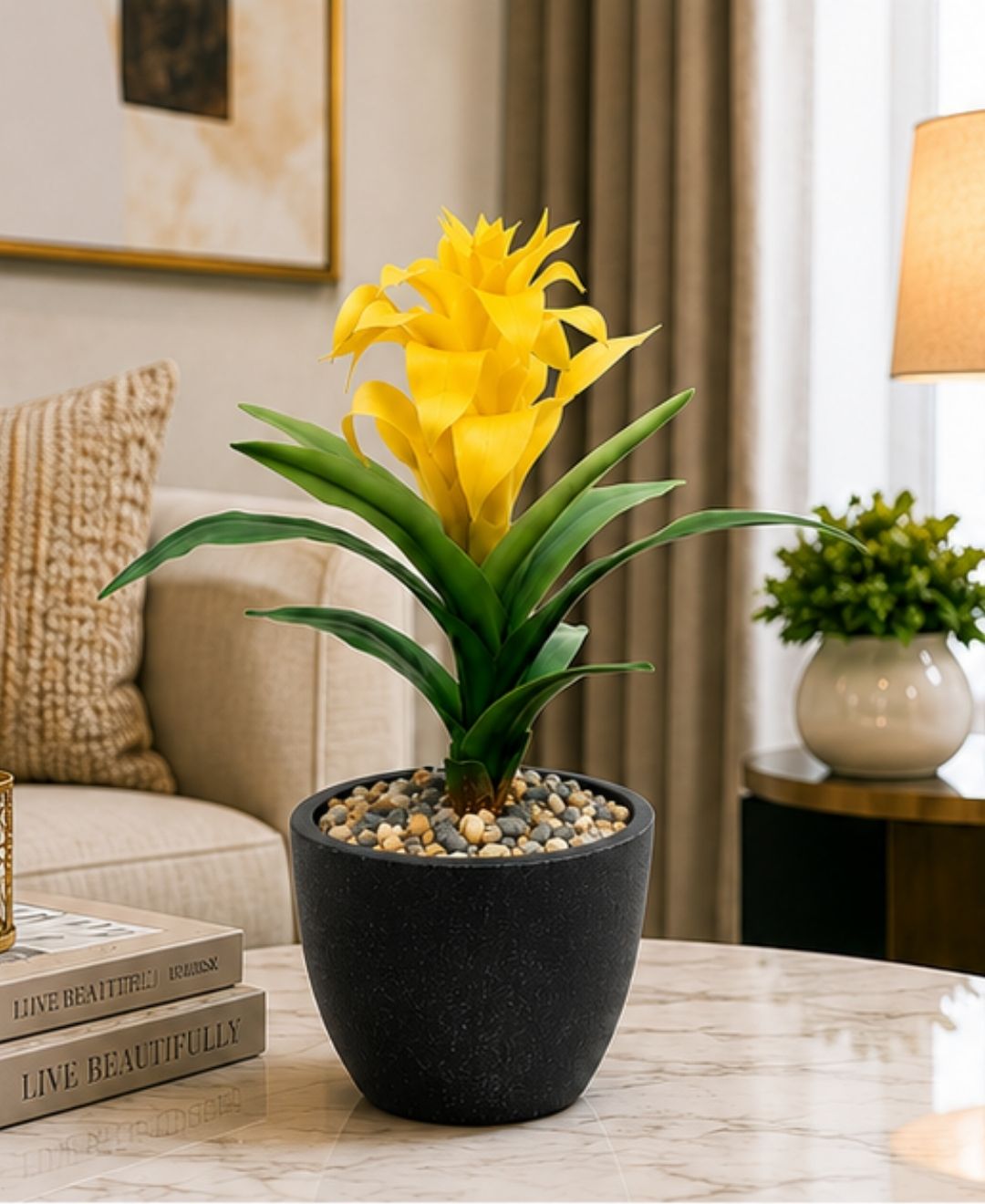 Medium Artificial Yellow Green Bromeliad Without Pot