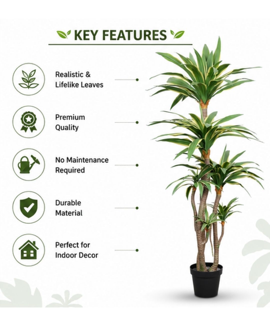 Superior Artificial Yucca Cane White Green Plant With Pot