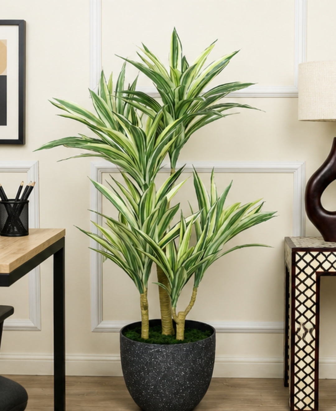 Majestic Faux White Green Dracaena Cane Plant Without Pot