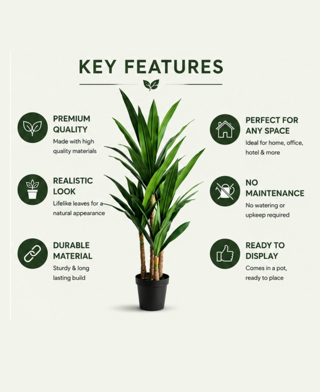 Lux Artificial Green Yucca Cane Plant With Pot- 5.5 FT
