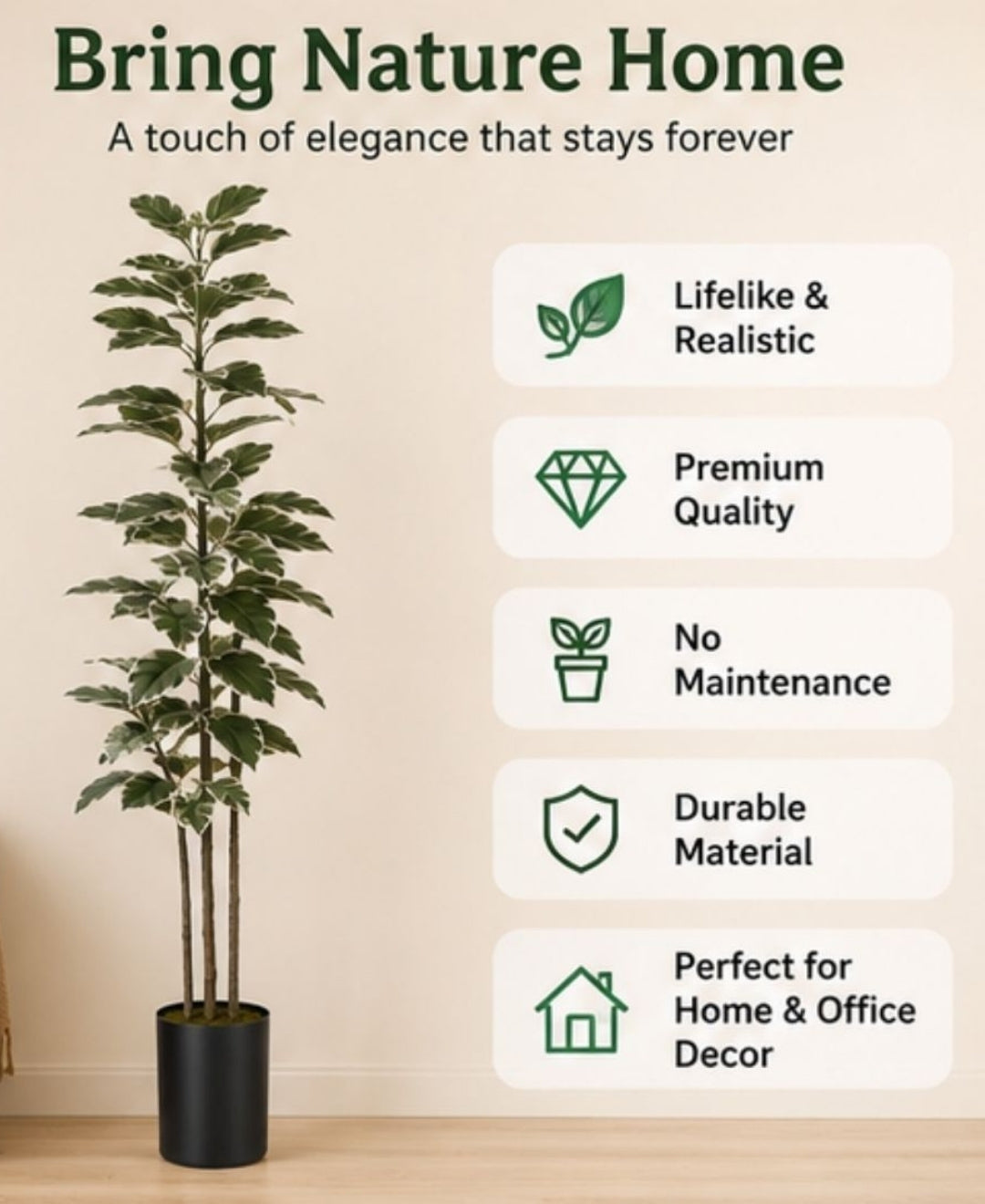Premium 6FT Faux Rubber Plant with Pot — White & Green