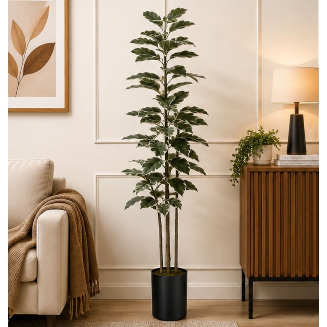 Premium 6FT Faux Rubber Plant with Pot — White & Green