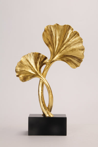 Resin gold ginkgo shaped figurine on black base for your home or office decor