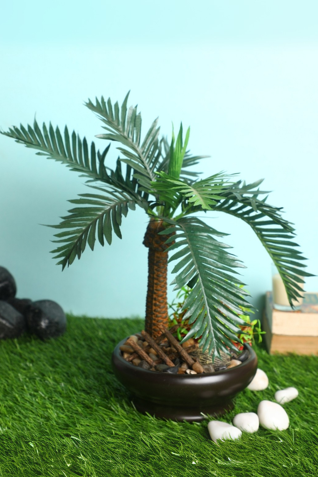 Artificial Palm Bonsai flower plant with Brown Ceramic Pot