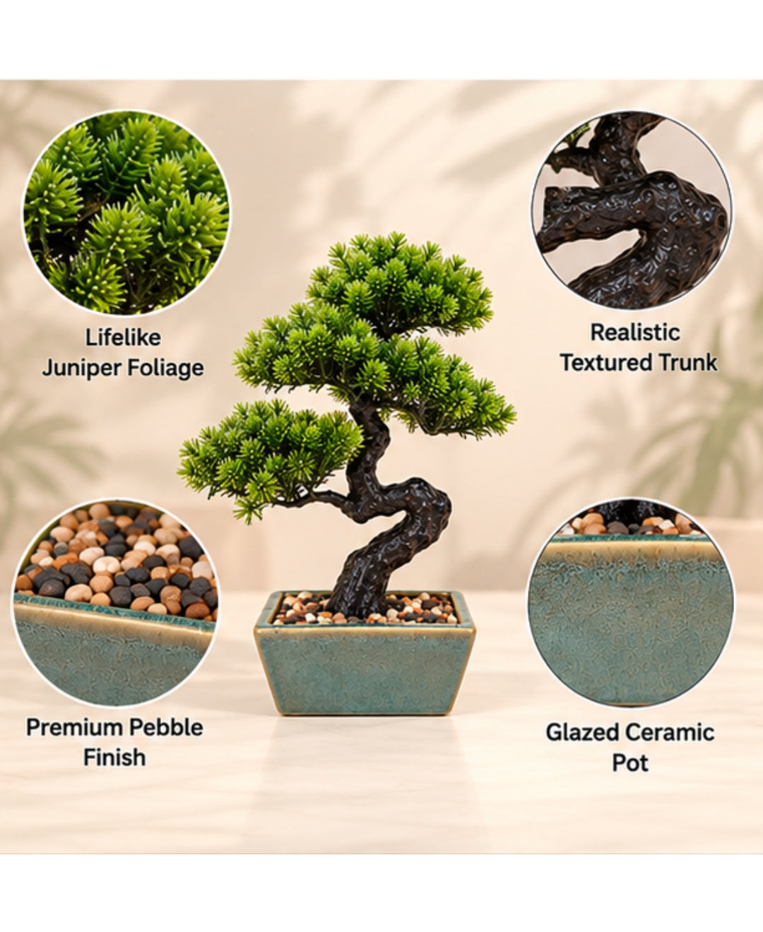 Artificial Juniper Bonsai Tree in Glazed Ceramic Pot
