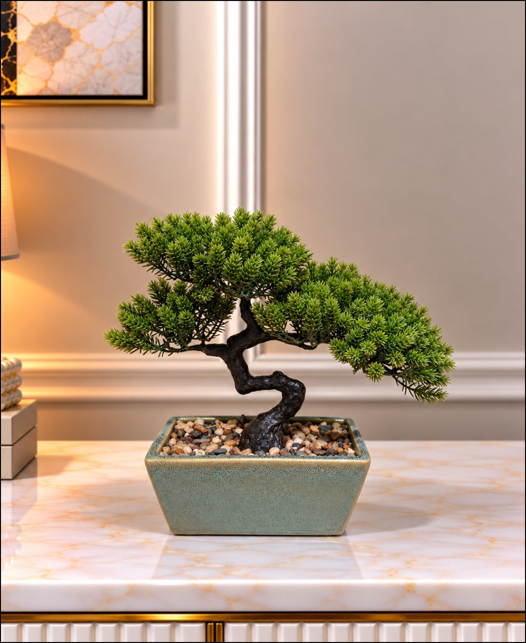 Artificial Juniper Bonsai Tree in Glazed Ceramic Pot