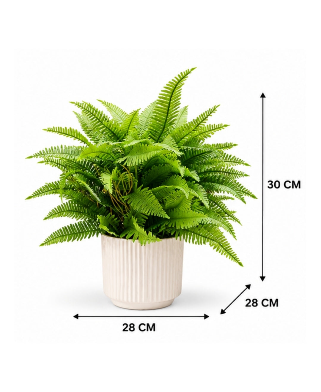 Artificial Boston Fern Plant in White Ribbed Ceramic Pot
