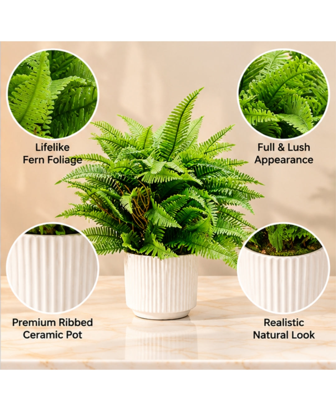 Artificial Boston Fern Plant in White Ribbed Ceramic Pot