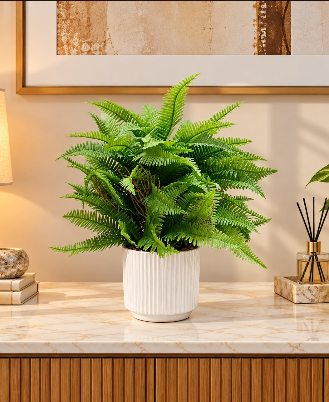 Artificial Boston Fern Plant in White Ribbed Ceramic Pot