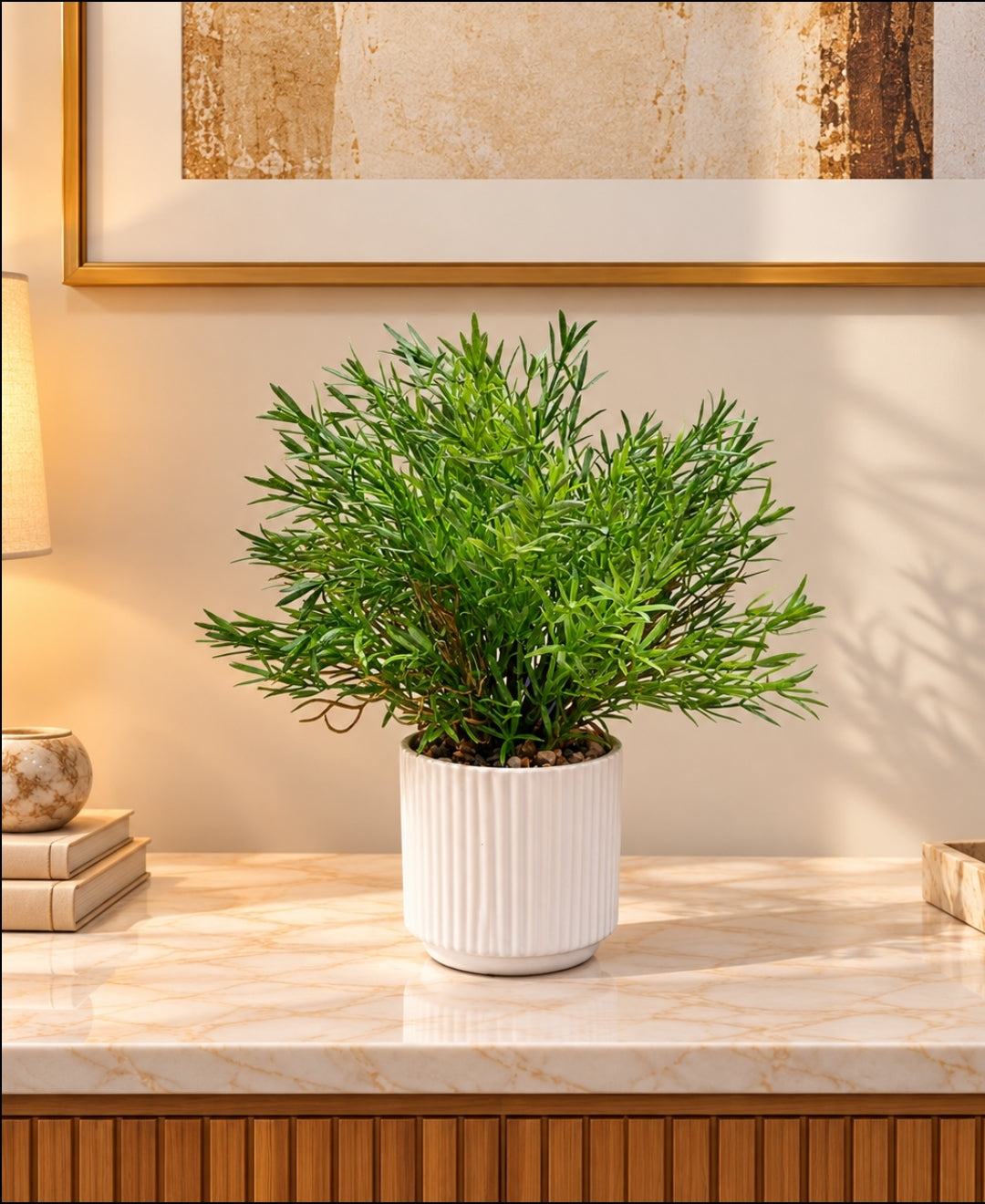 Artificial Rosemary Plant in White Ribbed Ceramic Pot