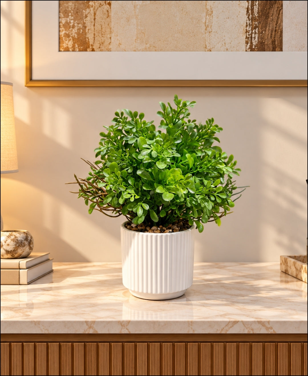 Artificial Boxwood Bonsai in White Ribbed Ceramic Pot(Set of 1)