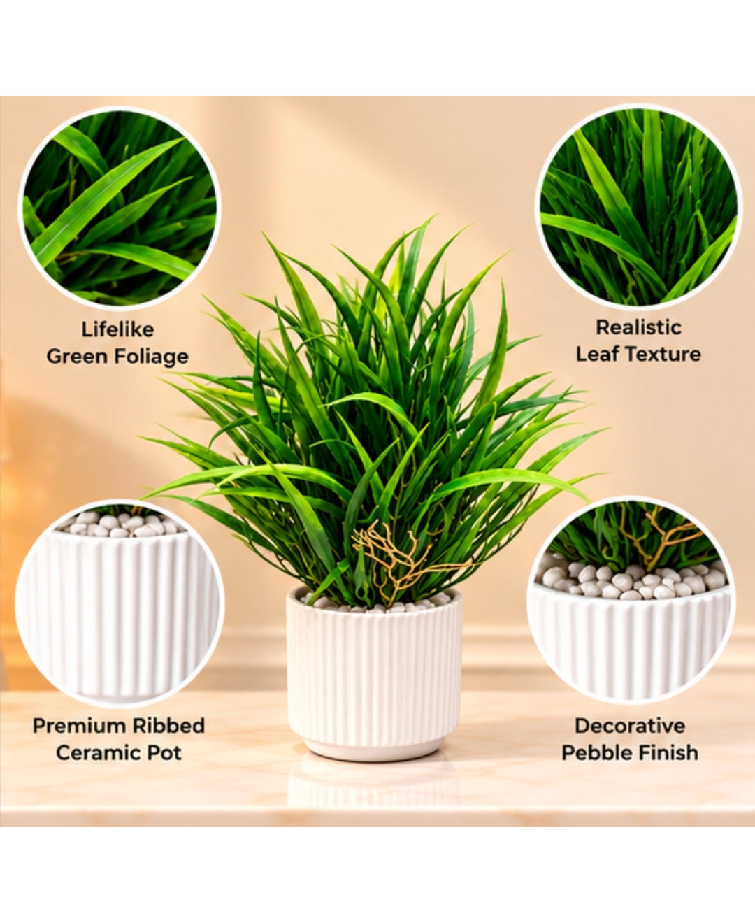 Artificial Ornamental Grass Plant in White Ribbed Ceramic Pot