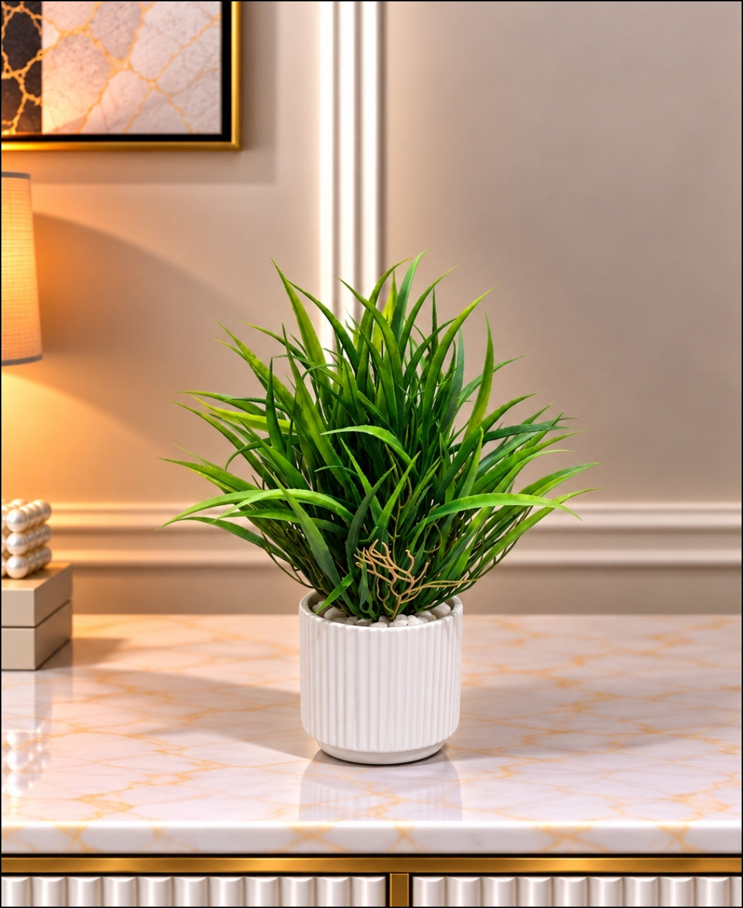 Artificial Ornamental Grass Plant in White Ribbed Ceramic Pot