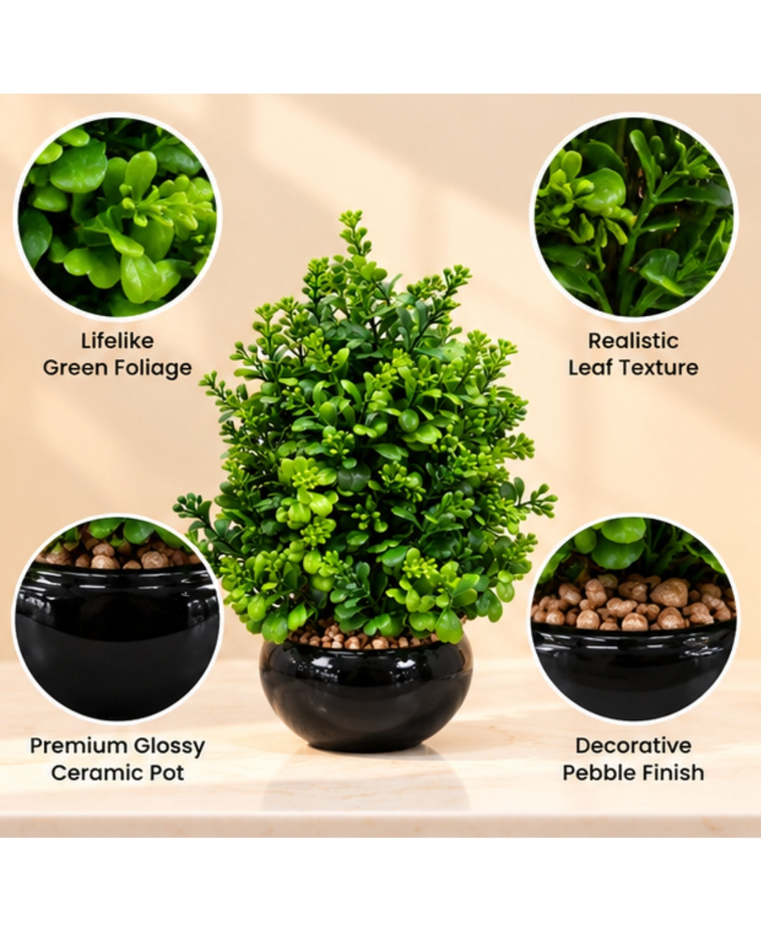 Artificial Boxwood Topiary in Glossy Black Ceramic Pot