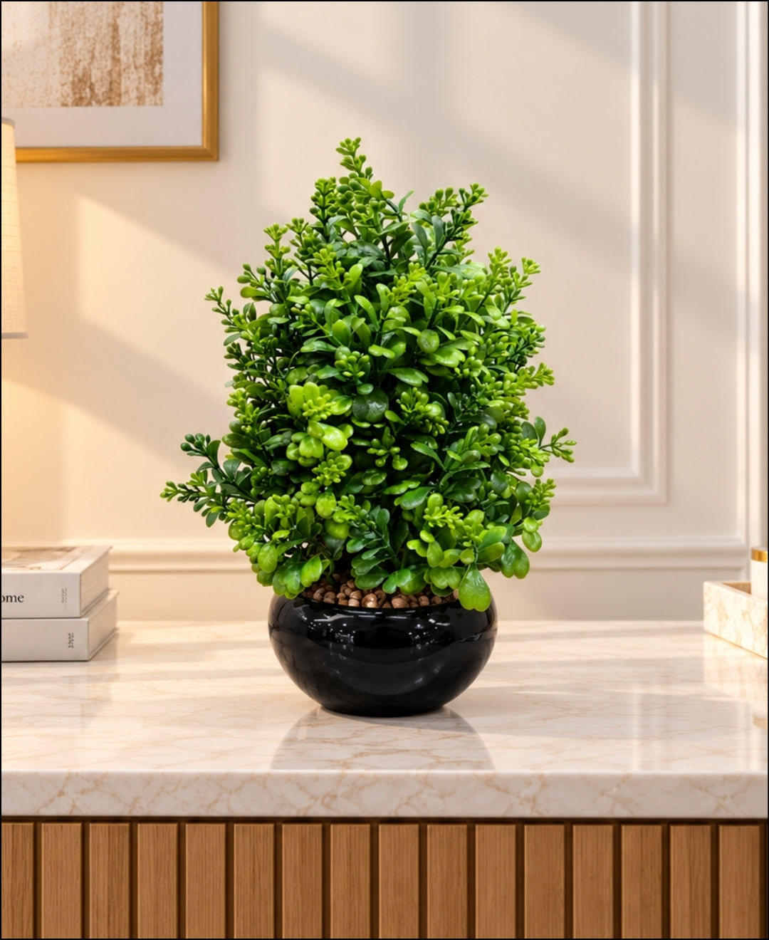 Artificial Boxwood Topiary in Glossy Black Ceramic Pot