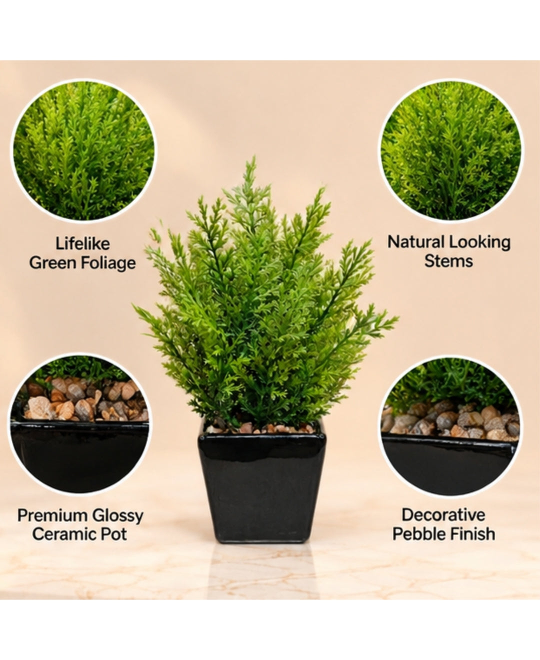 Artificial Cypress Plant in Glossy Black Square Ceramic Pot