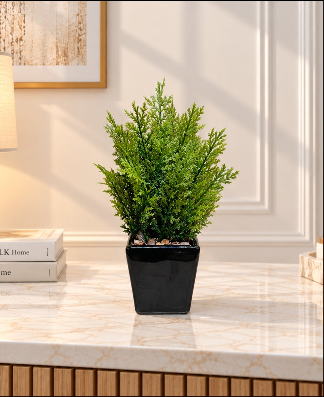 Artificial Cypress Plant in Glossy Black Square Ceramic Pot