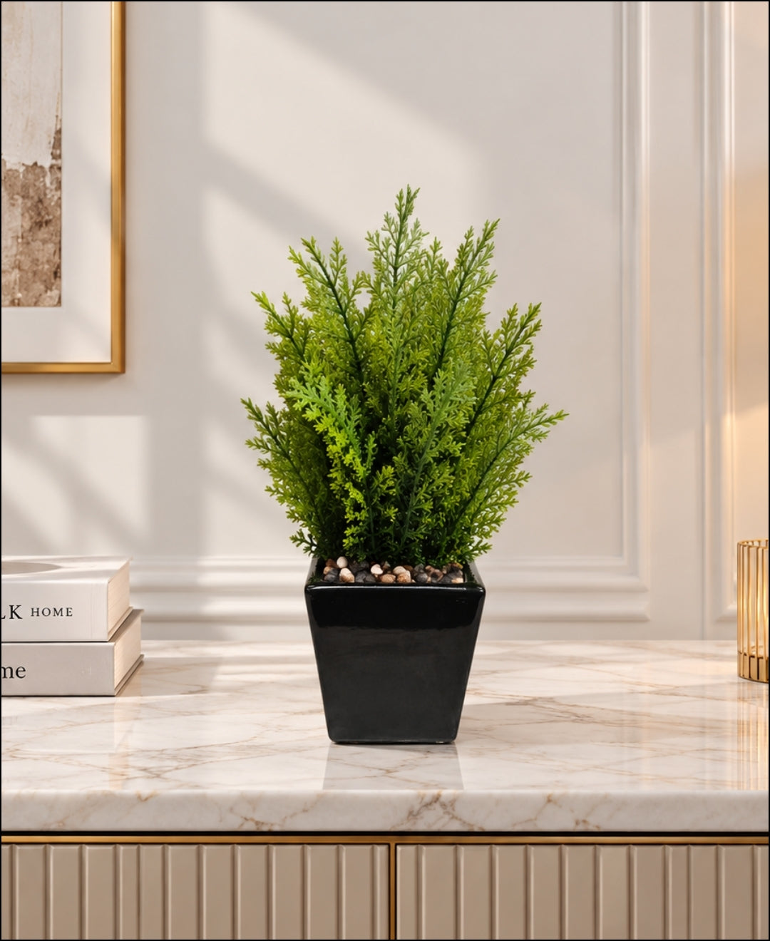 Artificial Cedar Pine Plant in Glossy Black Square Ceramic Pot