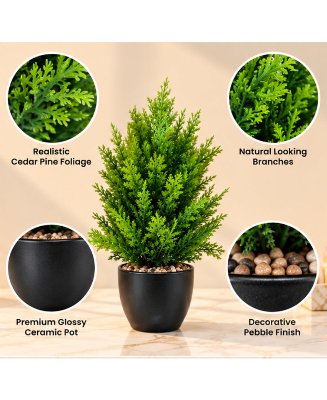 Artificial Lemon Cypress Tree in Glossy Black Round Ceramic Pot