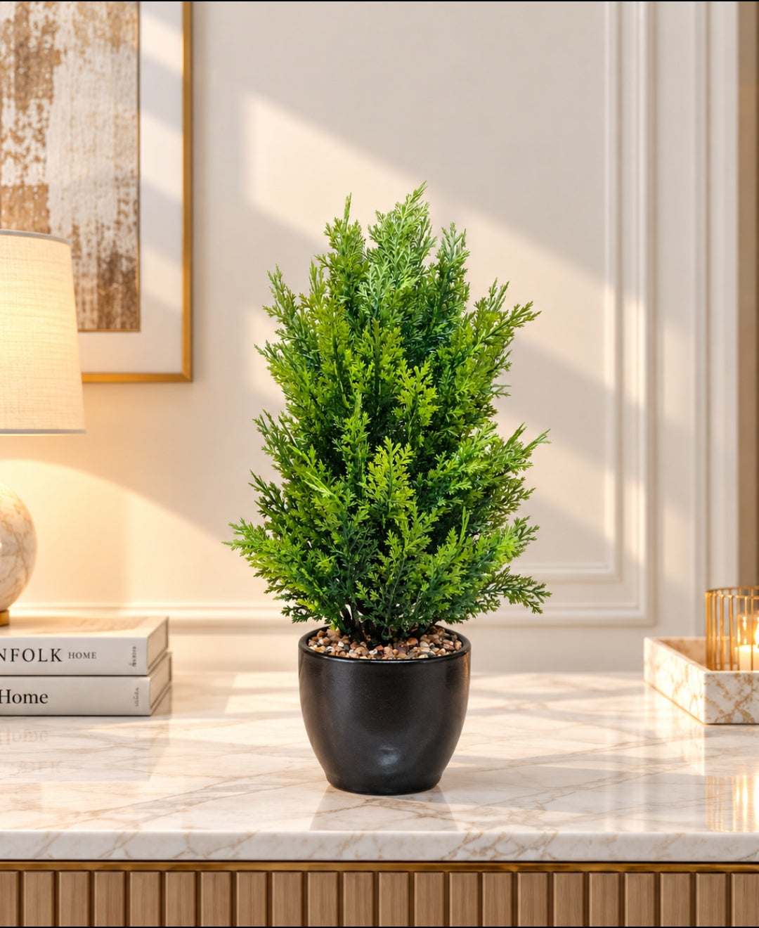 Artificial Lemon Cypress Tree in Glossy Black Round Ceramic Pot