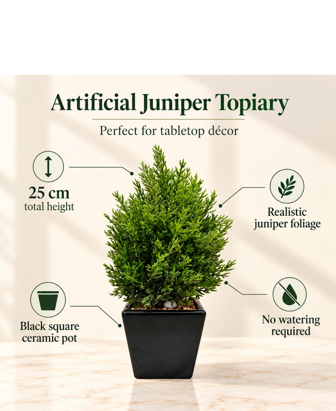Artificial Juniper Cone Topiary in Black Square Ceramic Pot