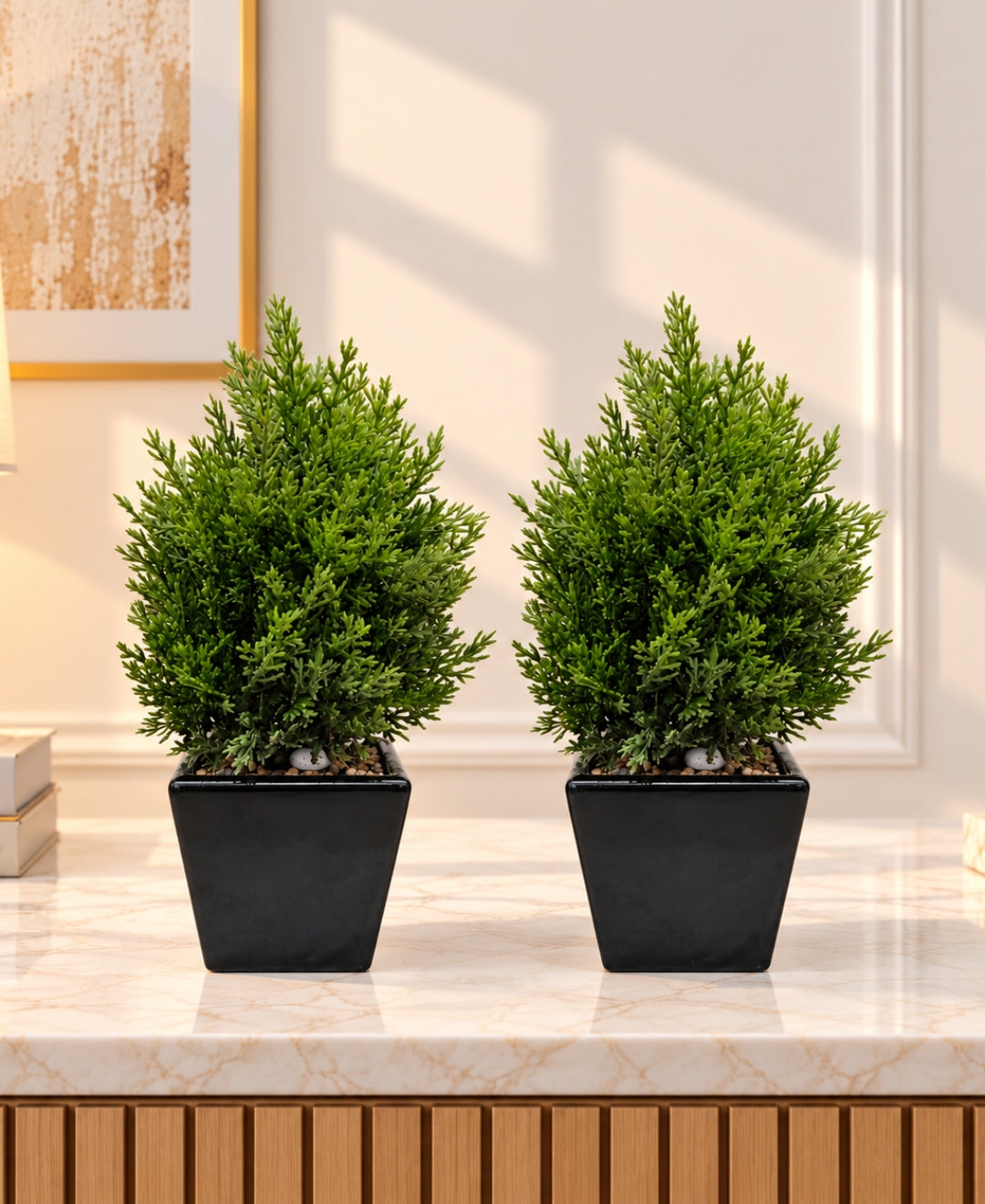 Artificial Juniper Cone Topiary in Black Square Ceramic Pot