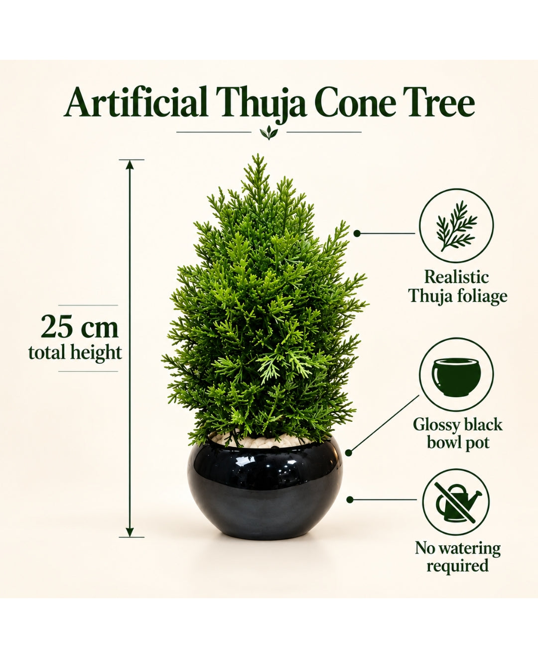 Artificial Thuja Cone Tree in Glossy Black Round Bowl Pot