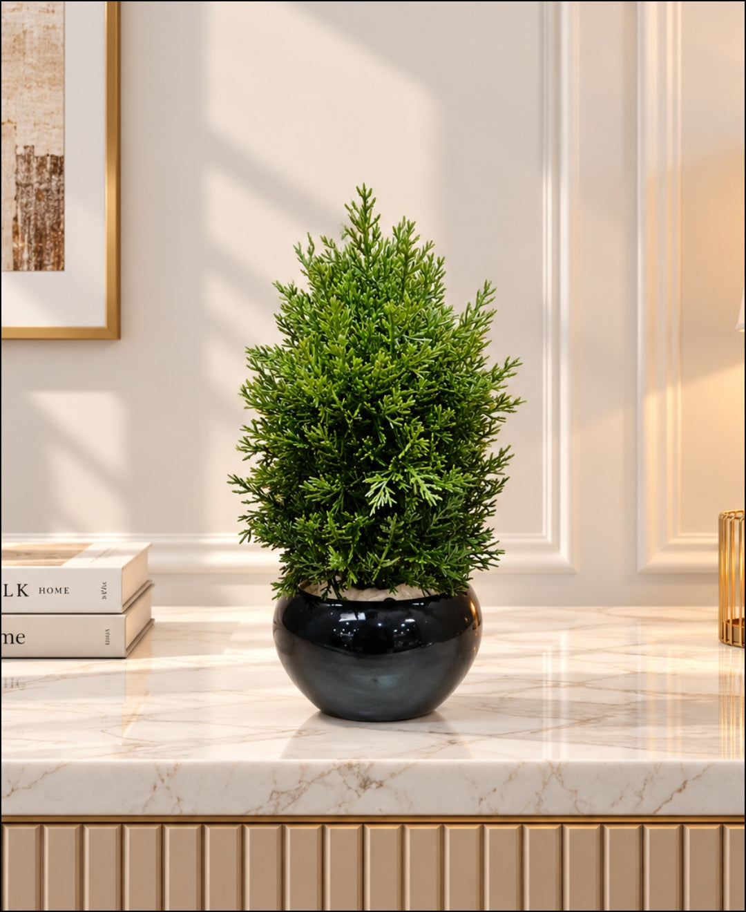 Artificial Thuja Cone Tree in Glossy Black Round Bowl Pot