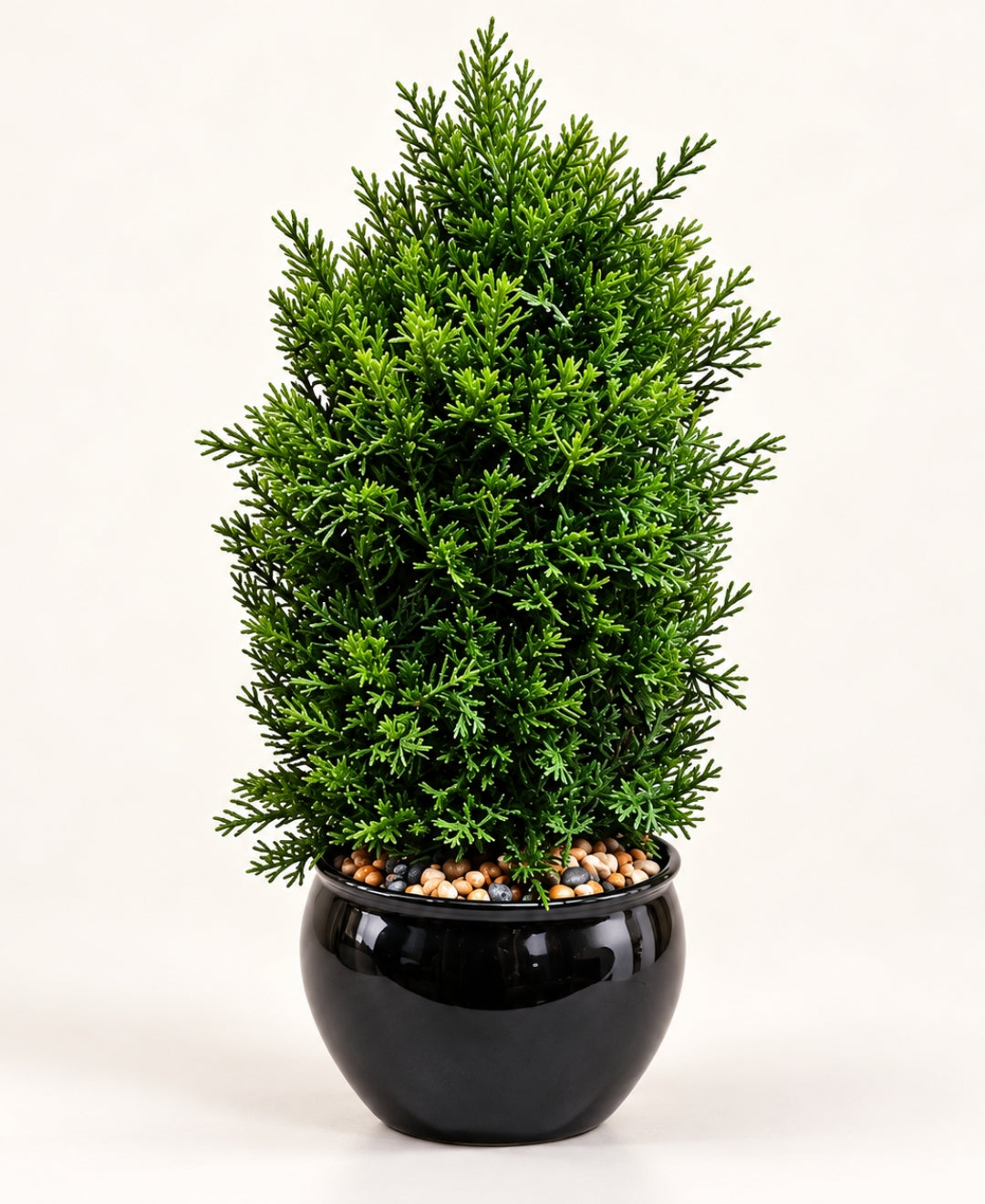 Artificial Juniper Tower Tree in Glossy Black Round Ceramic Pot