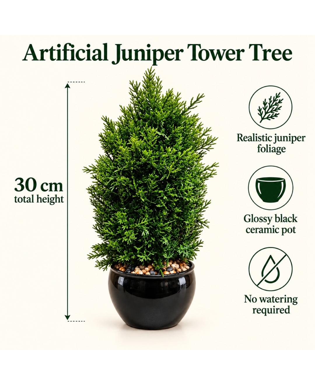 Artificial Juniper Tower Tree in Glossy Black Round Ceramic Pot