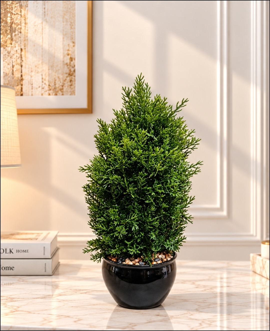 Artificial Juniper Tower Tree in Glossy Black Round Ceramic Pot