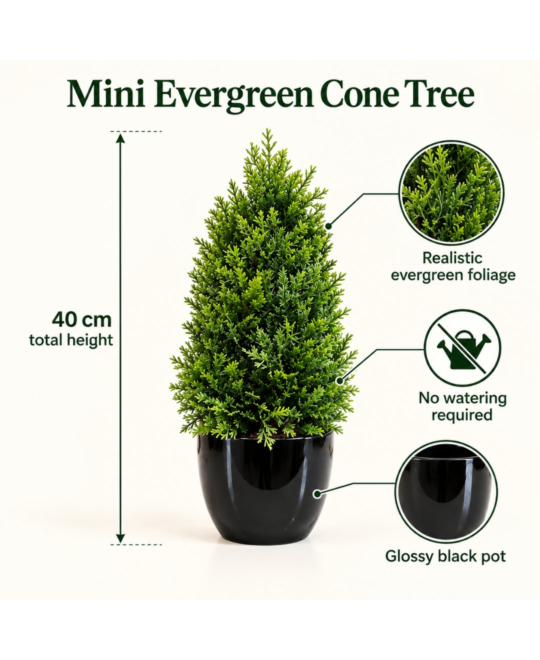 Artificial Mini Evergreen Cone Tree in Glossy Black Pot