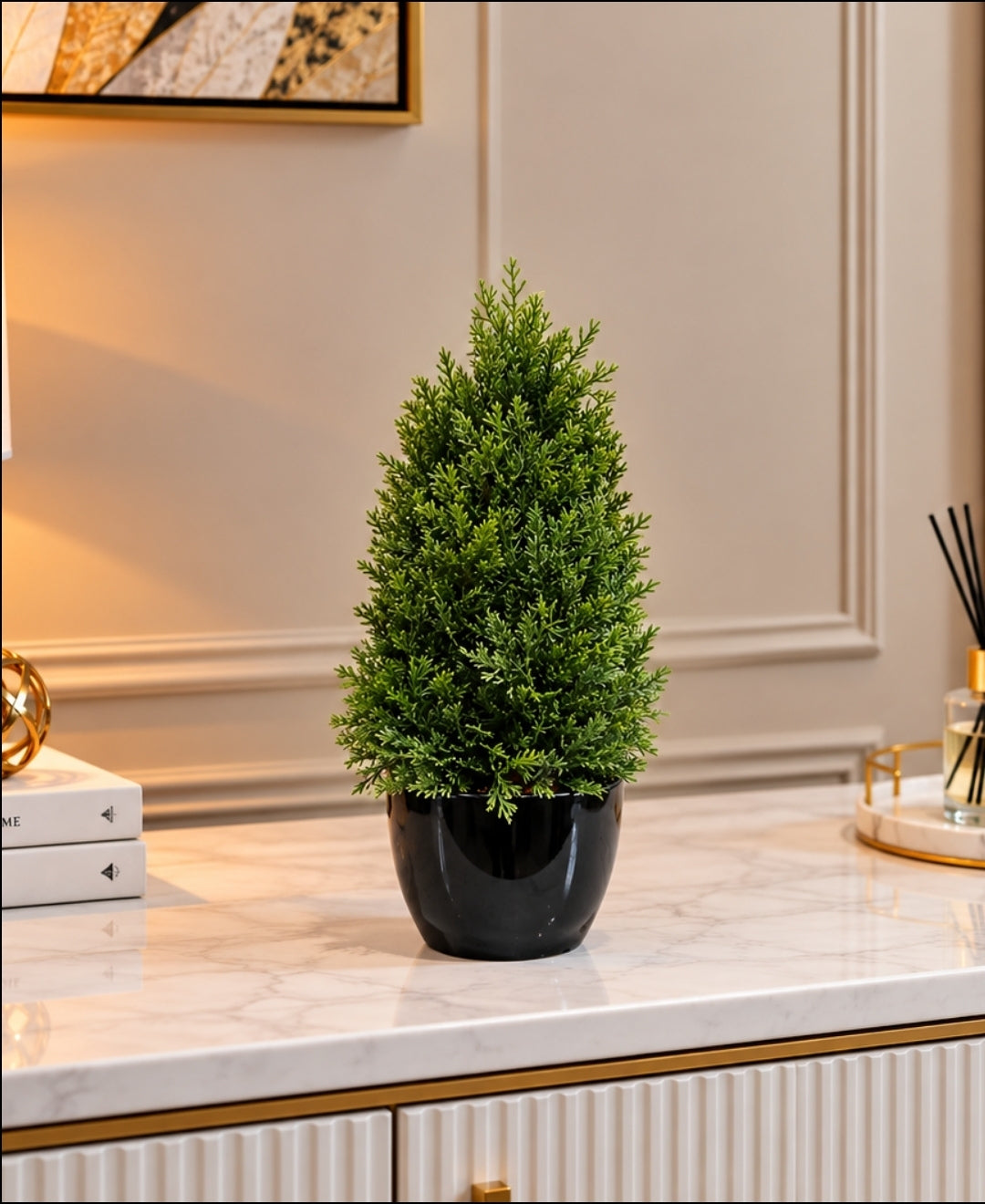 Artificial Mini Evergreen Cone Tree in Glossy Black Pot