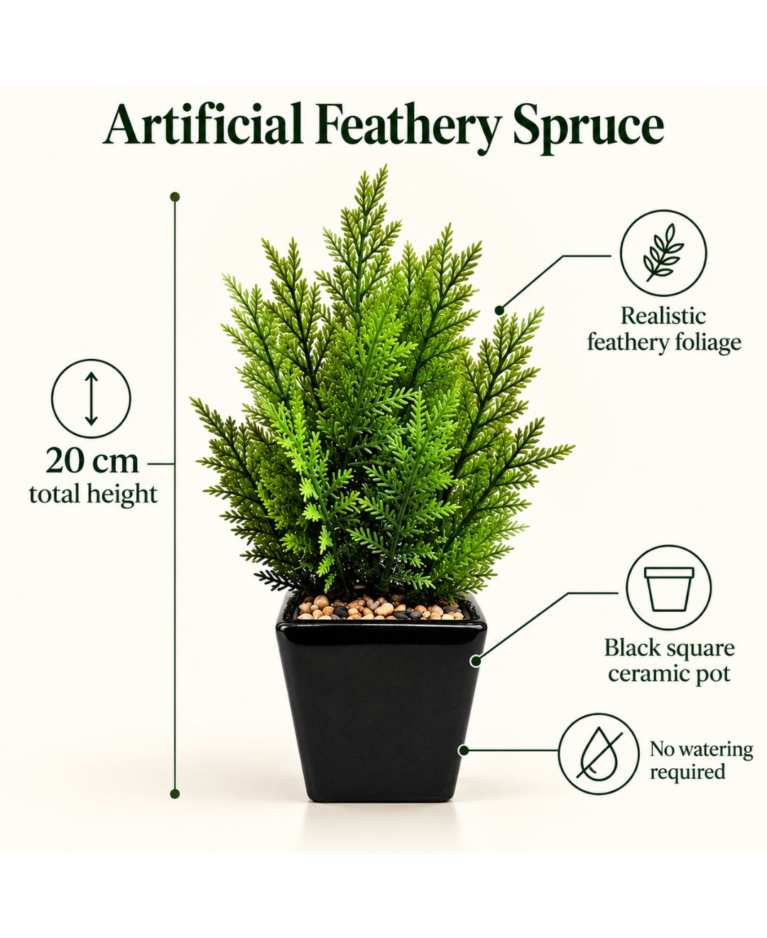 Artificial Feathery Spruce Bonsai in Glossy Black Square Ceramic Pot