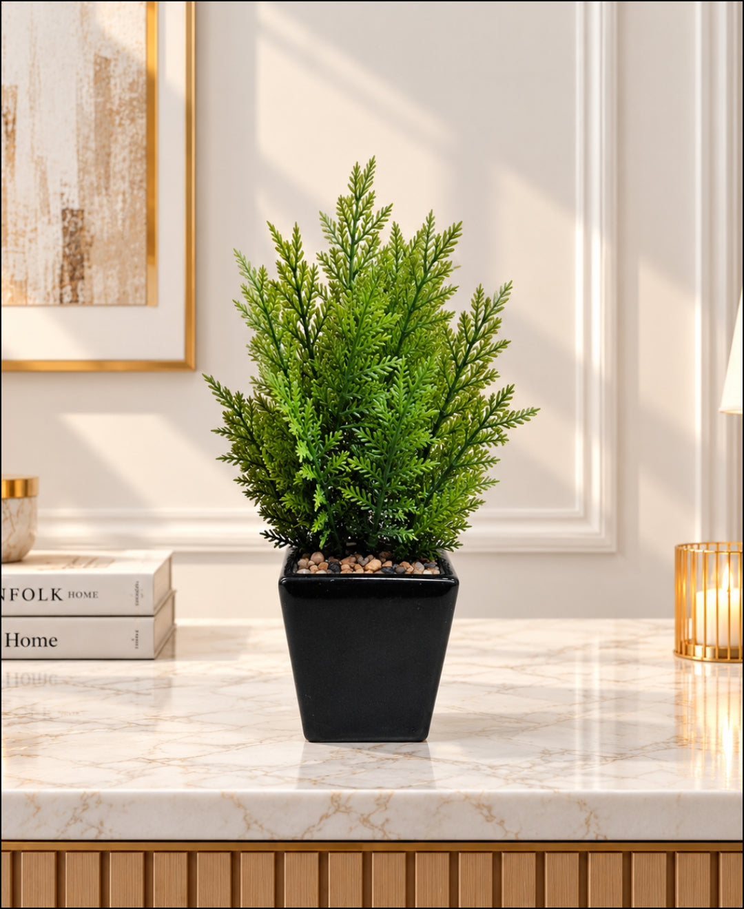 Artificial Feathery Spruce Bonsai in Glossy Black Square Ceramic Pot