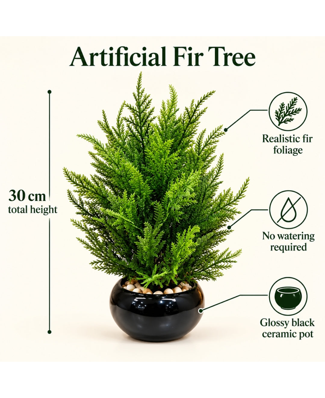 Artificial Fir Tree in Glossy Black Round Ceramic Pot
