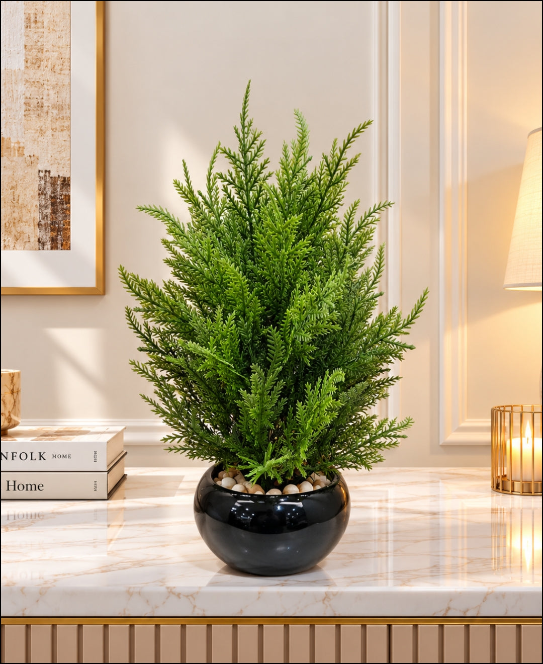 Artificial Fir Tree in Glossy Black Round Ceramic Pot