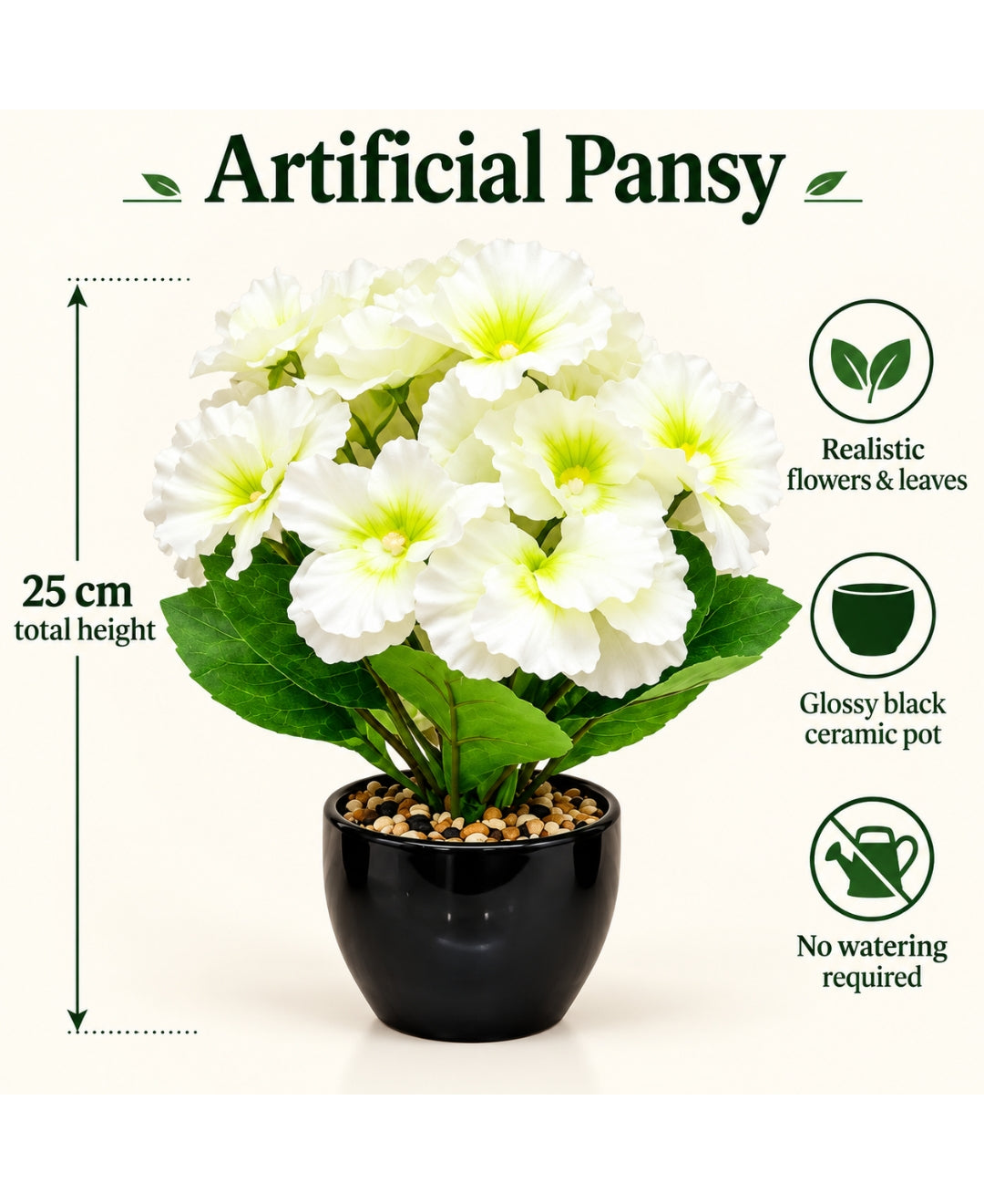 Artificial Pansy Flower Pot – White Realistic Faux Flowering Bonsais in Glossy Black Ceramic Pots