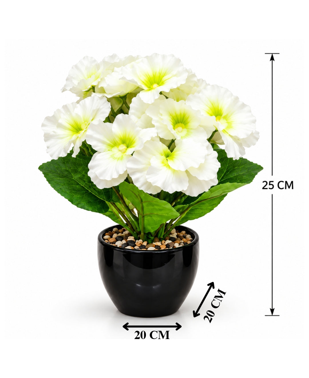 Artificial Pansy Flower Pot – White Realistic Faux Flowering Bonsais in Glossy Black Ceramic Pots