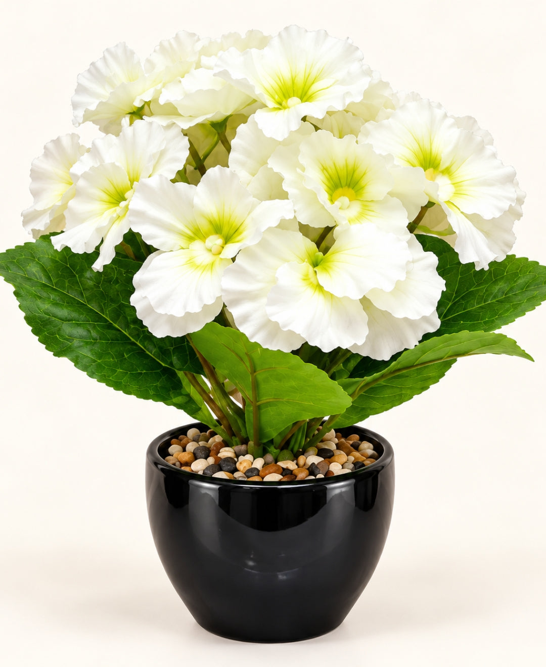 Artificial Pansy Flower Pot – White Realistic Faux Flowering Bonsais in Glossy Black Ceramic Pots