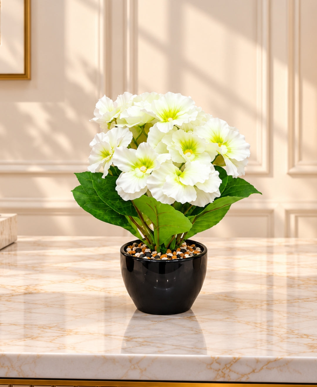 Artificial Pansy Flower Pot – White Realistic Faux Flowering Bonsais in Glossy Black Ceramic Pots