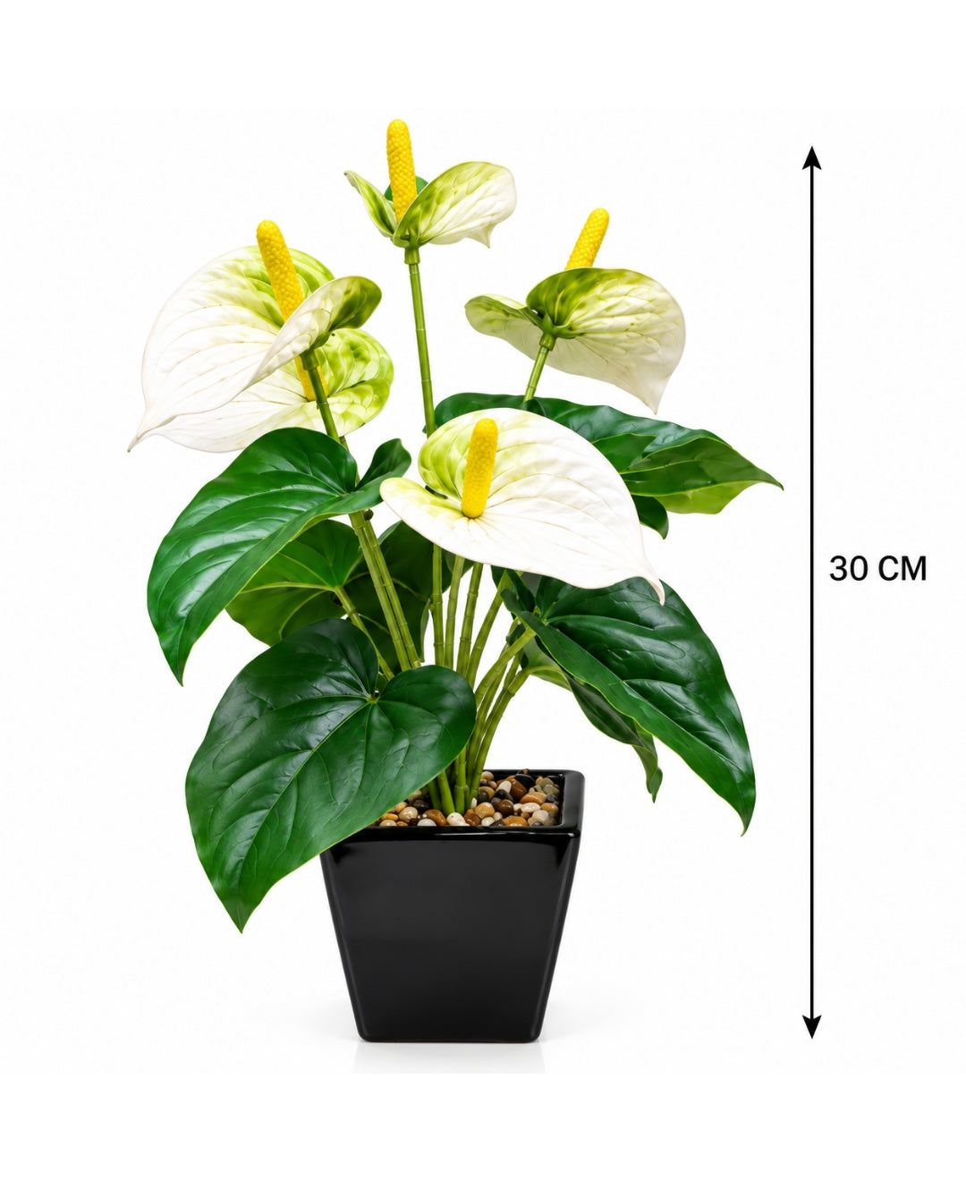 Artificial Anthurium Flower Pot – White Realistic Faux Flowering Bonsais in Glossy Black Square Ceramic Pots