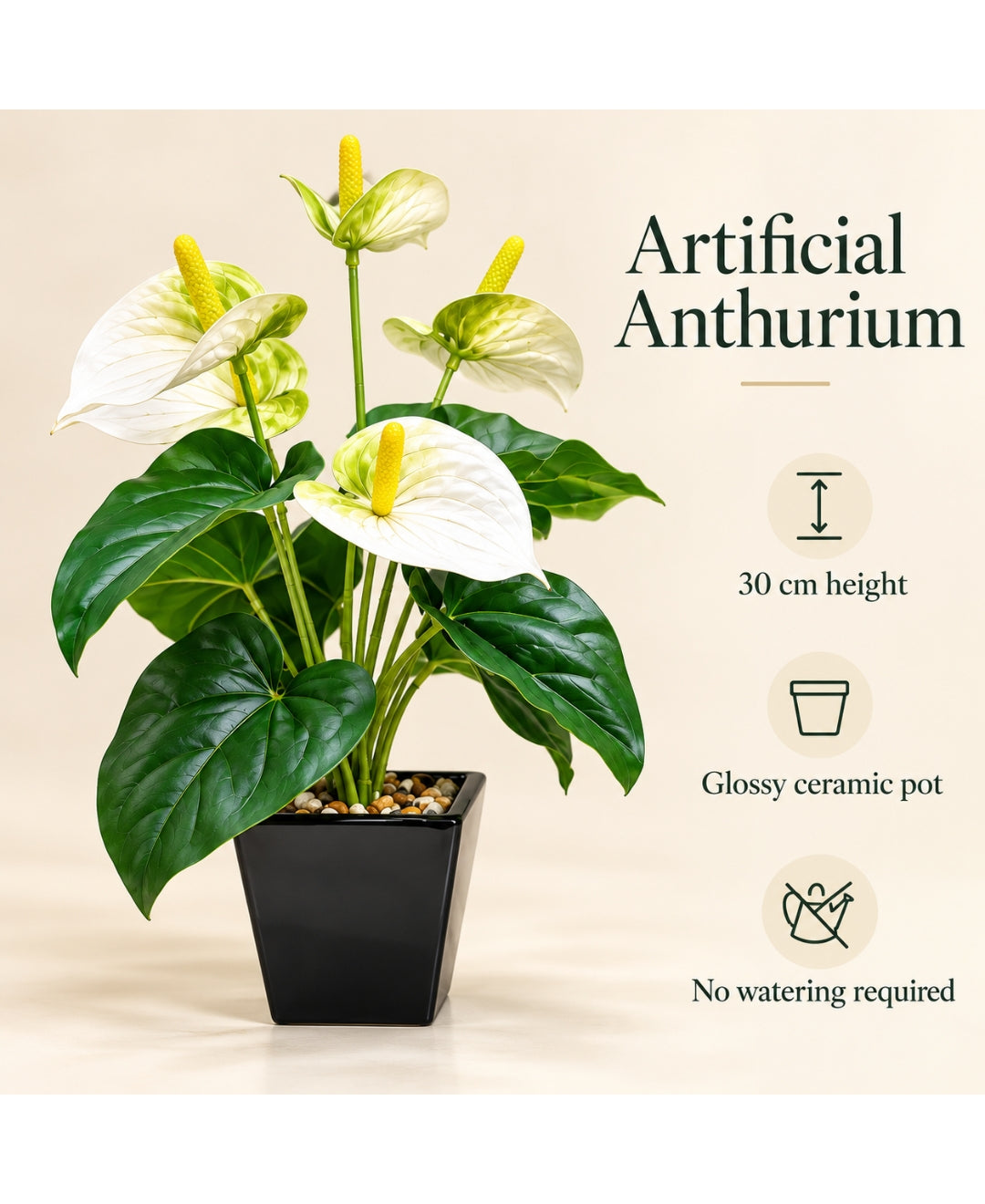 Artificial Anthurium Flower Pot – White Realistic Faux Flowering Bonsais in Glossy Black Square Ceramic Pots