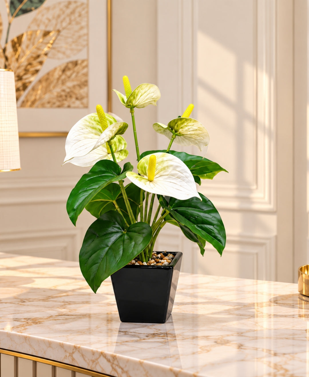 Artificial Anthurium Flower Pot – White Realistic Faux Flowering Bonsais in Glossy Black Square Ceramic Pots
