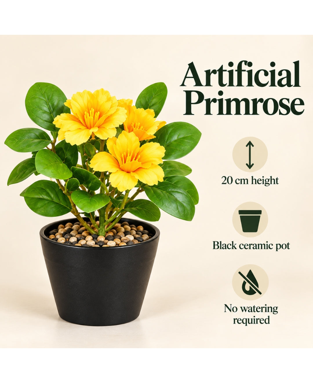 Artificial Primrose Flower Pot - Yellow – Realistic Faux Flowering Bonsais in Black Ceramic Pots