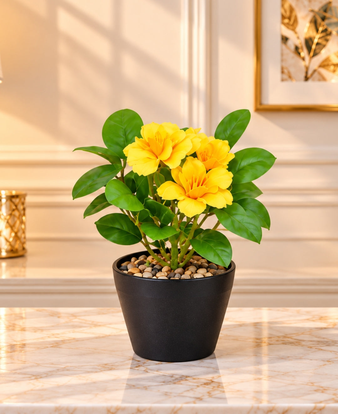 Artificial Primrose Flower Pot - Yellow – Realistic Faux Flowering Bonsais in Black Ceramic Pots