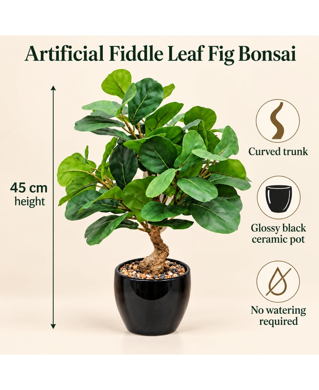 Artificial Fiddle Leaf Fig Bonsai with Curved Trunk in Glossy Black Ceramic Pot